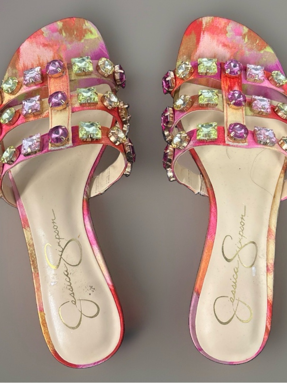 Jessica Simpson Pink Multi Gemstone Slide Sandals Size 6.5